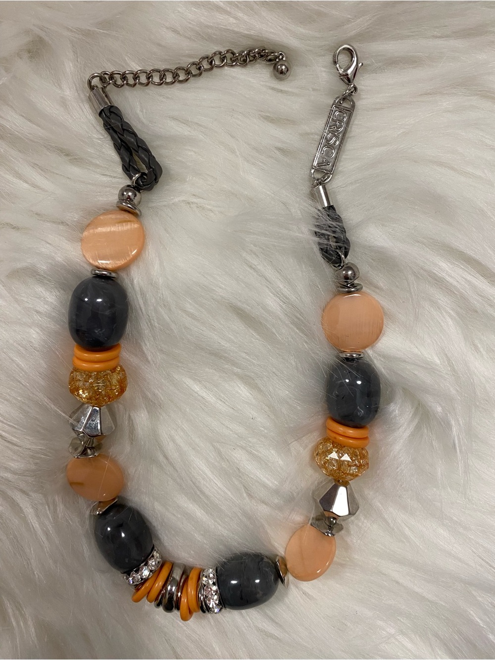 Vintage Chunky Peach & Charcoal Bead Statement Necklace - Women Jewelry